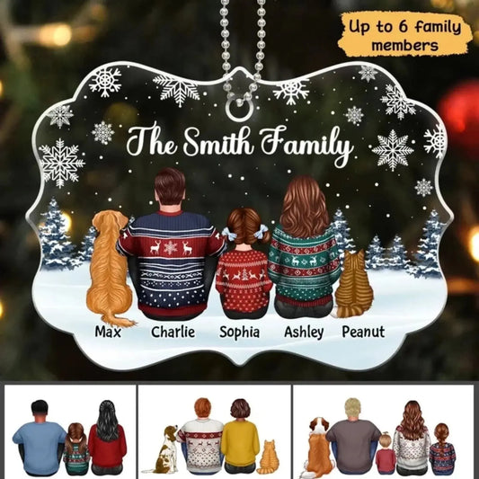 Family Sitting Back View Snow Background – Personalized Acrylic Ornament – Heartwarming Christmas Gift for Families  Ezcustomize