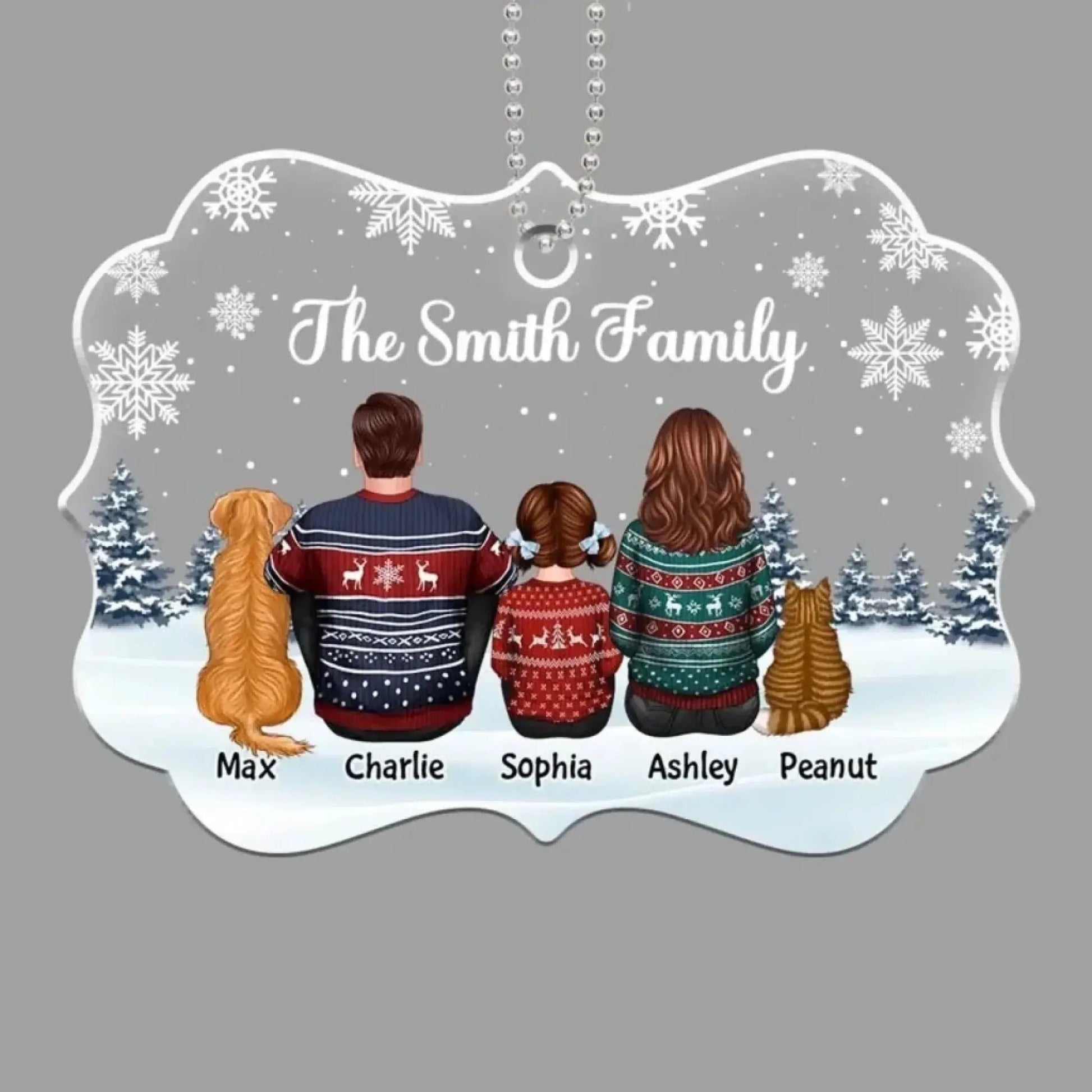 Family Sitting Back View Snow Background – Personalized Acrylic Ornament – Heartwarming Christmas Gift for Families  Ezcustomize