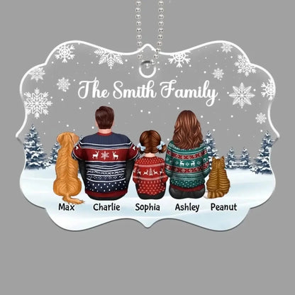 Family Sitting Back View Snow Background – Personalized Acrylic Ornament – Heartwarming Christmas Gift for Families  Ezcustomize