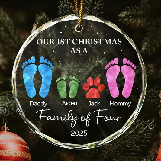 First Christmas As A Family Of Four Footprints - Personalized Circle Glass Ornament  Ezcustomize