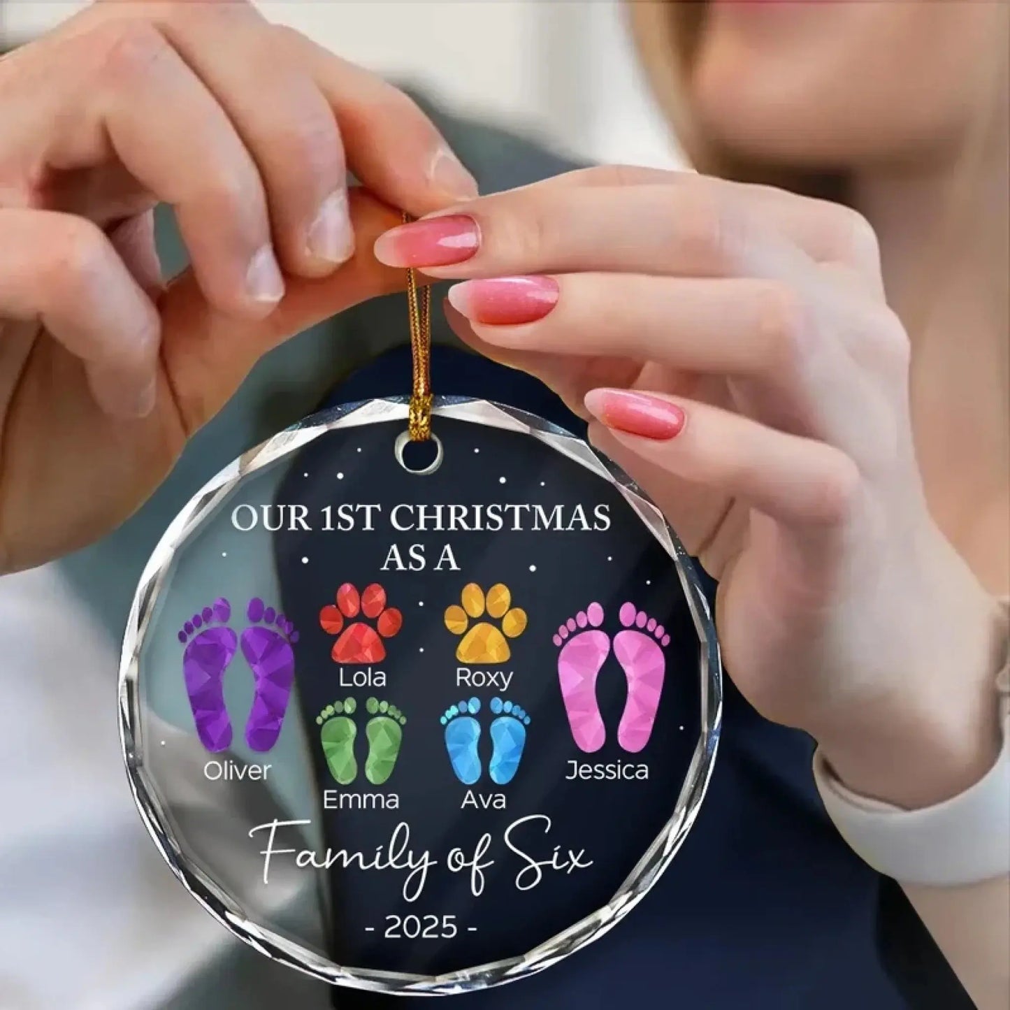 First Christmas As A Family Of Four Footprints - Personalized Circle Glass Ornament  Ezcustomize