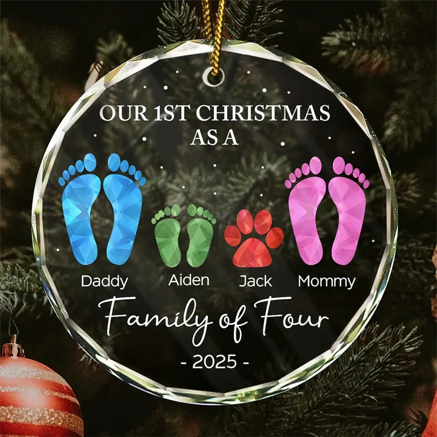 First Christmas As A Family Of Four Footprints - Personalized Circle Glass Ornament  Ezcustomize