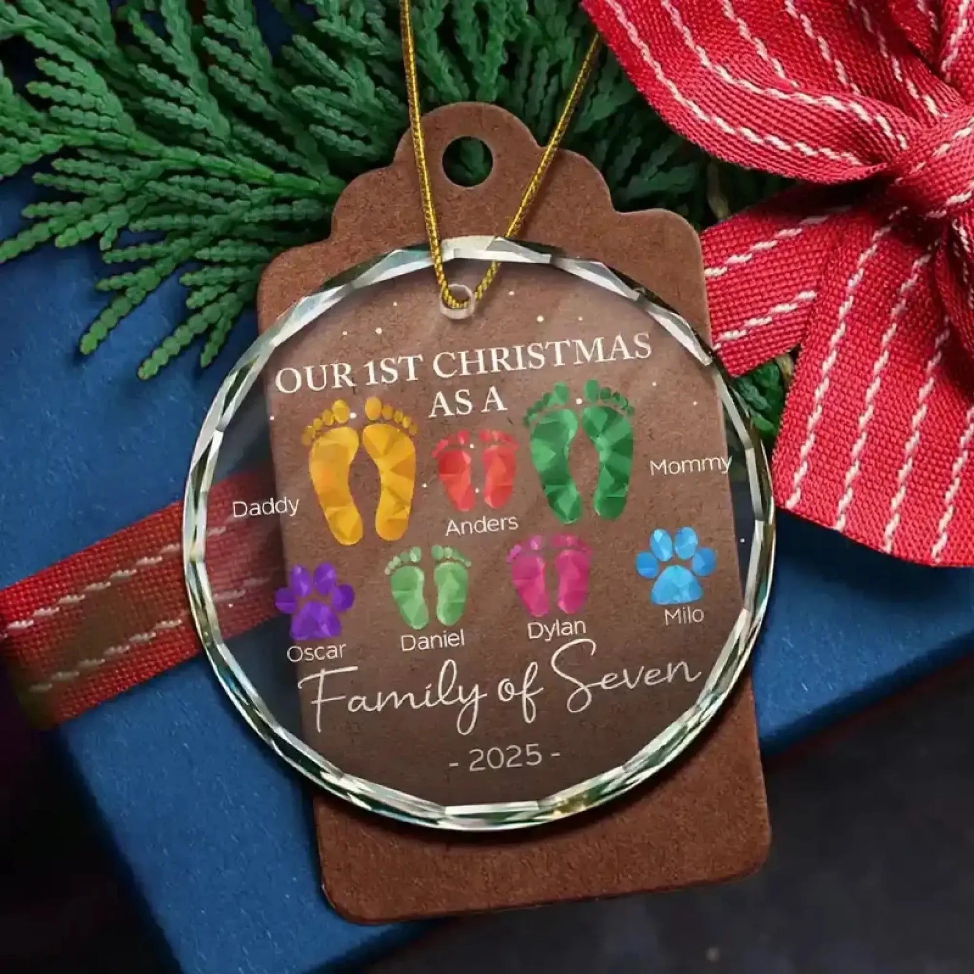 First Christmas As A Family Of Four Footprints - Personalized Circle Glass Ornament  Ezcustomize