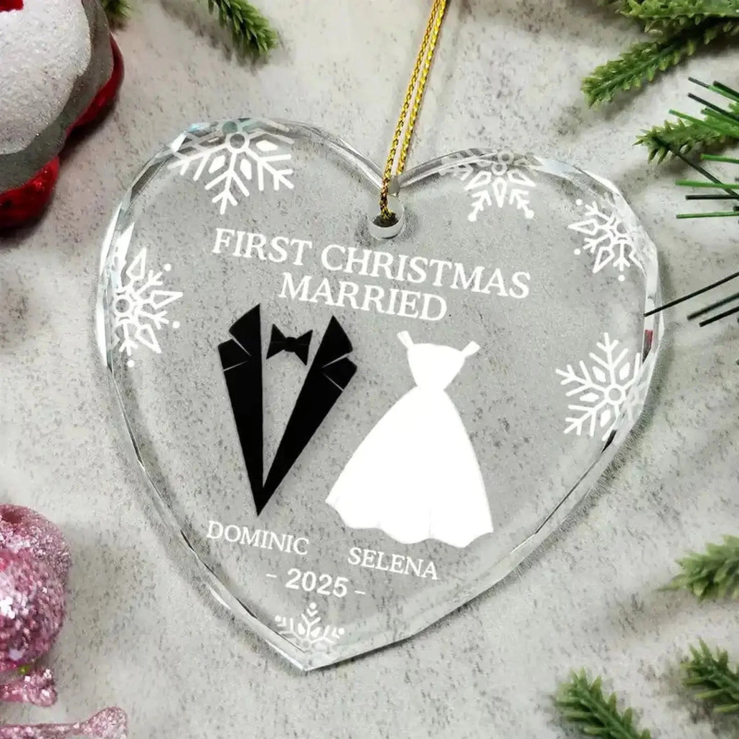 First Christmas as Married Couple – Personalized Heart-Shaped Glass Ornament – Custom Christmas Gift for Husband, Wife, or Couples  Ezcustomize