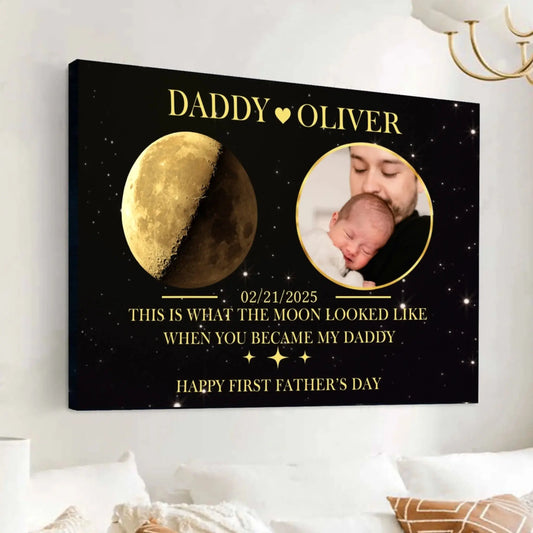 First Father’s Day Photo Wall Art – Personalized Moon Phase Poster/Canvas by Date – Custom Keepsake for New Dad  Ezcustomize