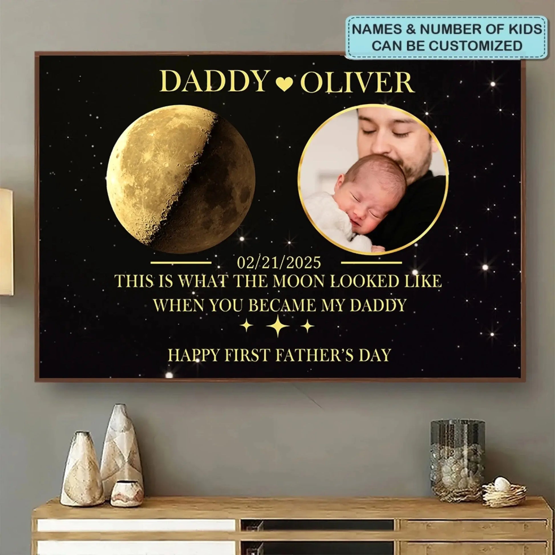 First Father’s Day Photo Wall Art – Personalized Moon Phase Poster/Canvas by Date – Custom Keepsake for New Dad  Ezcustomize