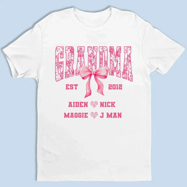 Floral Grandma Shirt with Bow – Personalized Name & Year T-Shirt Gift for Nana, Gigi, Mimi, Grandma