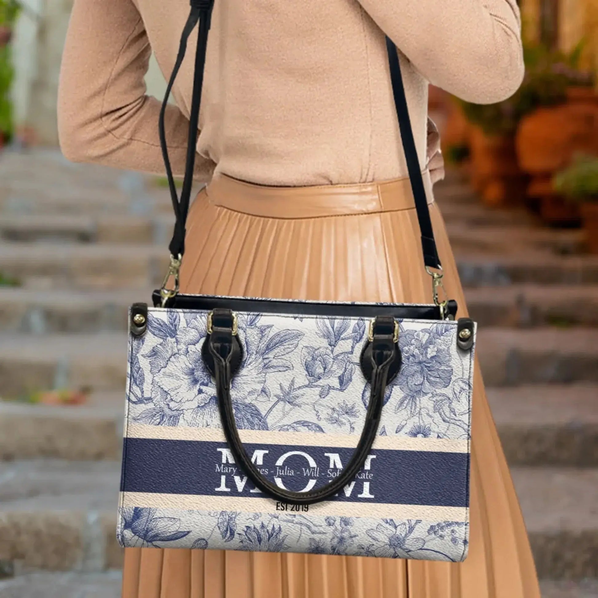 Floral Mom, Mama, Grandma, Gigi, Nana Bag – Personalized Leather Handbag with Kids' Names – Custom Gift for Her  Ezcustomize