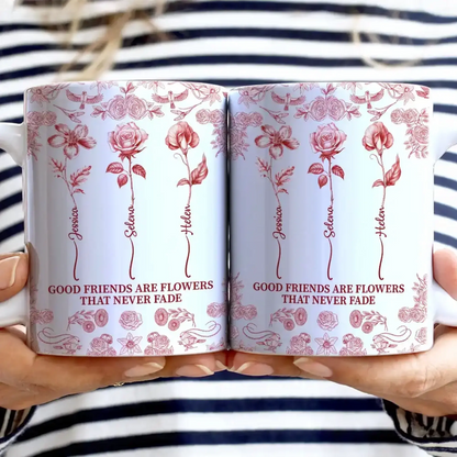 Friendship White Ceramic Mug with Clear Print and Floral Details, Simple Everyday Style, Gift-Ready for Loved Ones  Ezcustomize
