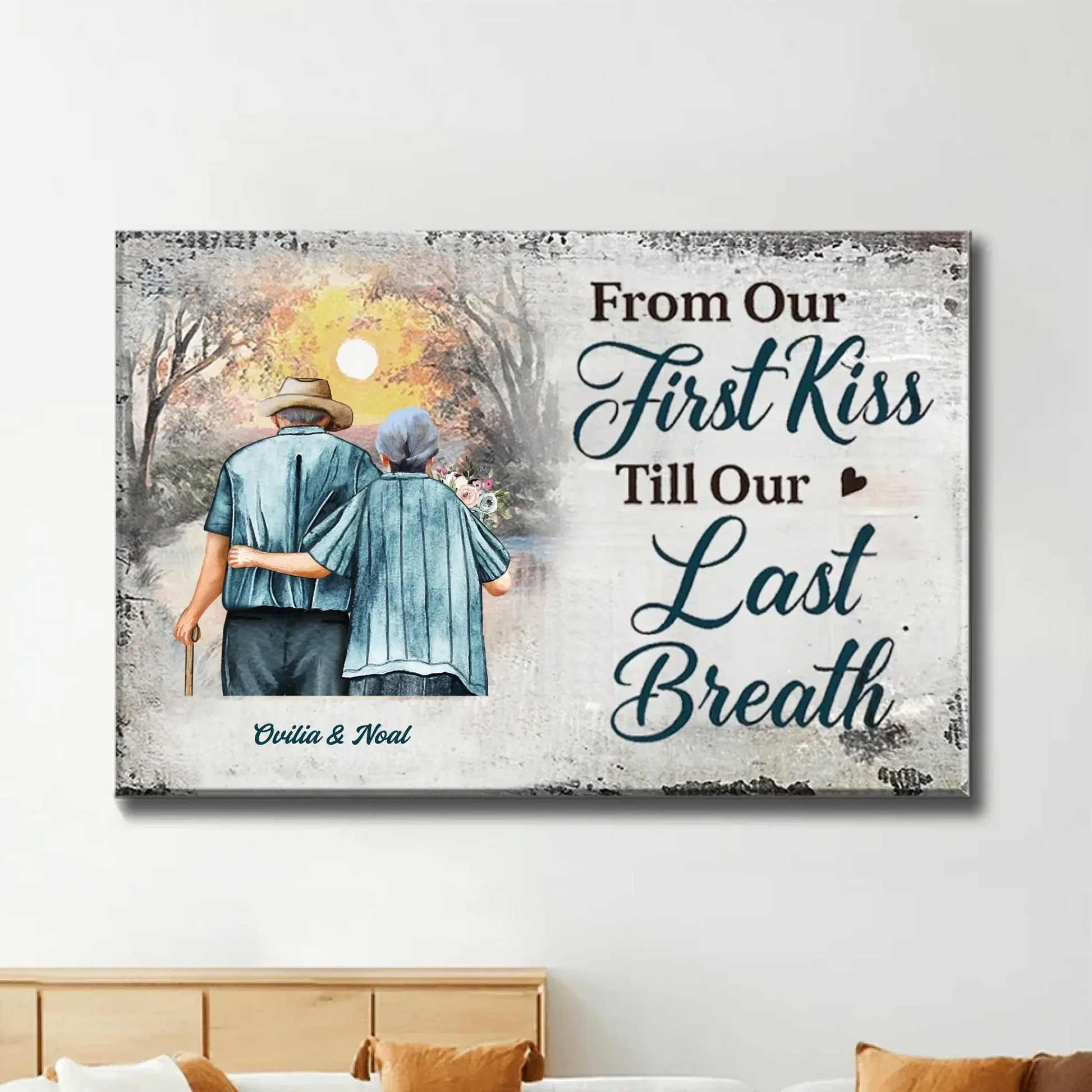 “From Our First Kiss Till Our Last Breath” – Personalized Elderly Couple Canvas/Poster with Names – Romantic Sunset Anniversary Gift  Ezcustomize