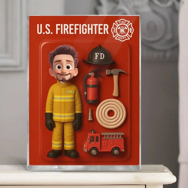 Funny Firefighter Cartoon Acrylic Plaque – Personalized 3D Effect Flat Custom Figure – Gift for Fireman Dad or Husband