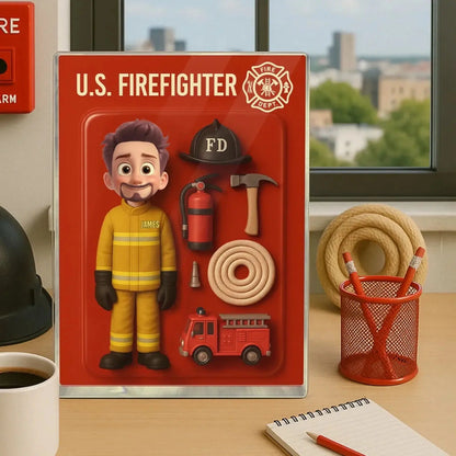 Funny Firefighter Cartoon Acrylic Plaque – Personalized 3D Effect Flat Custom Figure – Gift for Fireman Dad or Husband  Ezcustomize