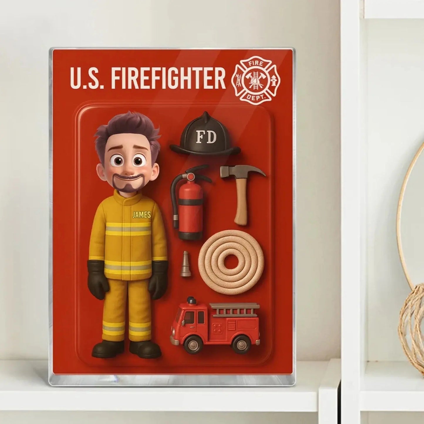 Funny Firefighter Cartoon Acrylic Plaque – Personalized 3D Effect Flat Custom Figure – Gift for Fireman Dad or Husband  Ezcustomize