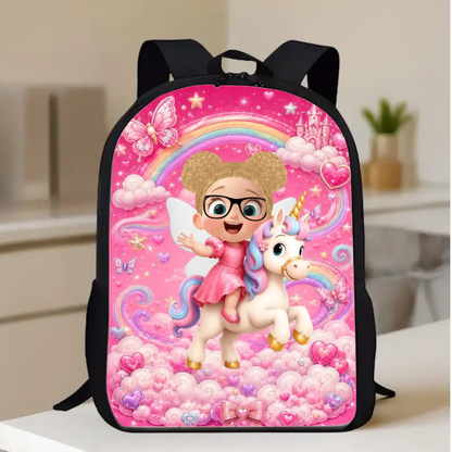 Girl Riding Unicorn with Rainbow & Pink Butterfly - Personalized Kids School Backpack - Gift for Daughter, Granddaughter, Niece, Little Girls
