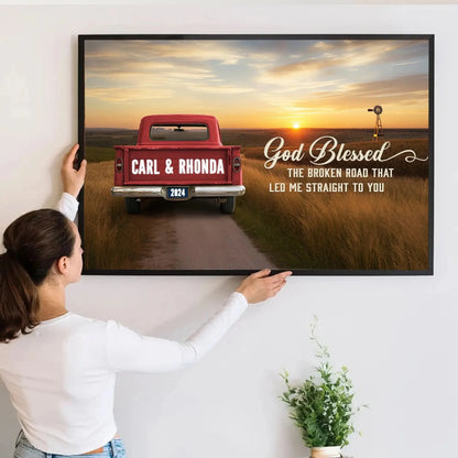 God Blessed The Broken Road Canvas, Personalized Vintage Truck with Couple Names, Wedding Anniversary Gift, Valentine Gift For Wife, Husband  Ezcustomize