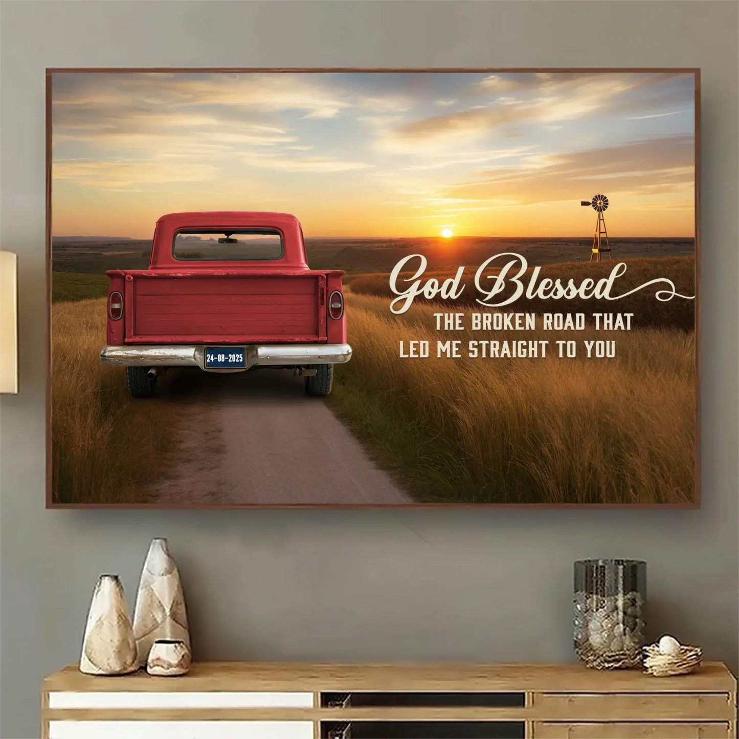 God Blessed The Broken Road Canvas, Personalized Vintage Truck with Couple Names, Wedding Anniversary Gift, Valentine Gift For Wife, Husband  Ezcustomize