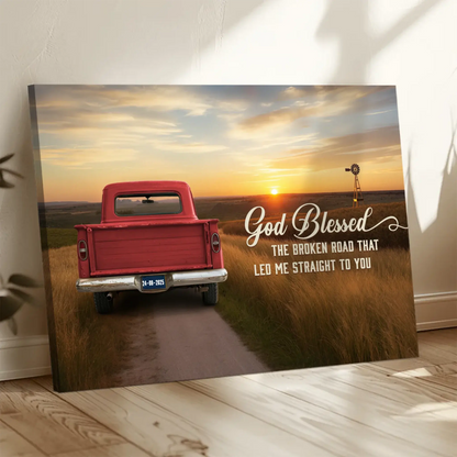 God Blessed The Broken Road Canvas, Personalized Vintage Truck with Couple Names, Wedding Anniversary Gift, Valentine Gift For Wife, Husband  Ezcustomize