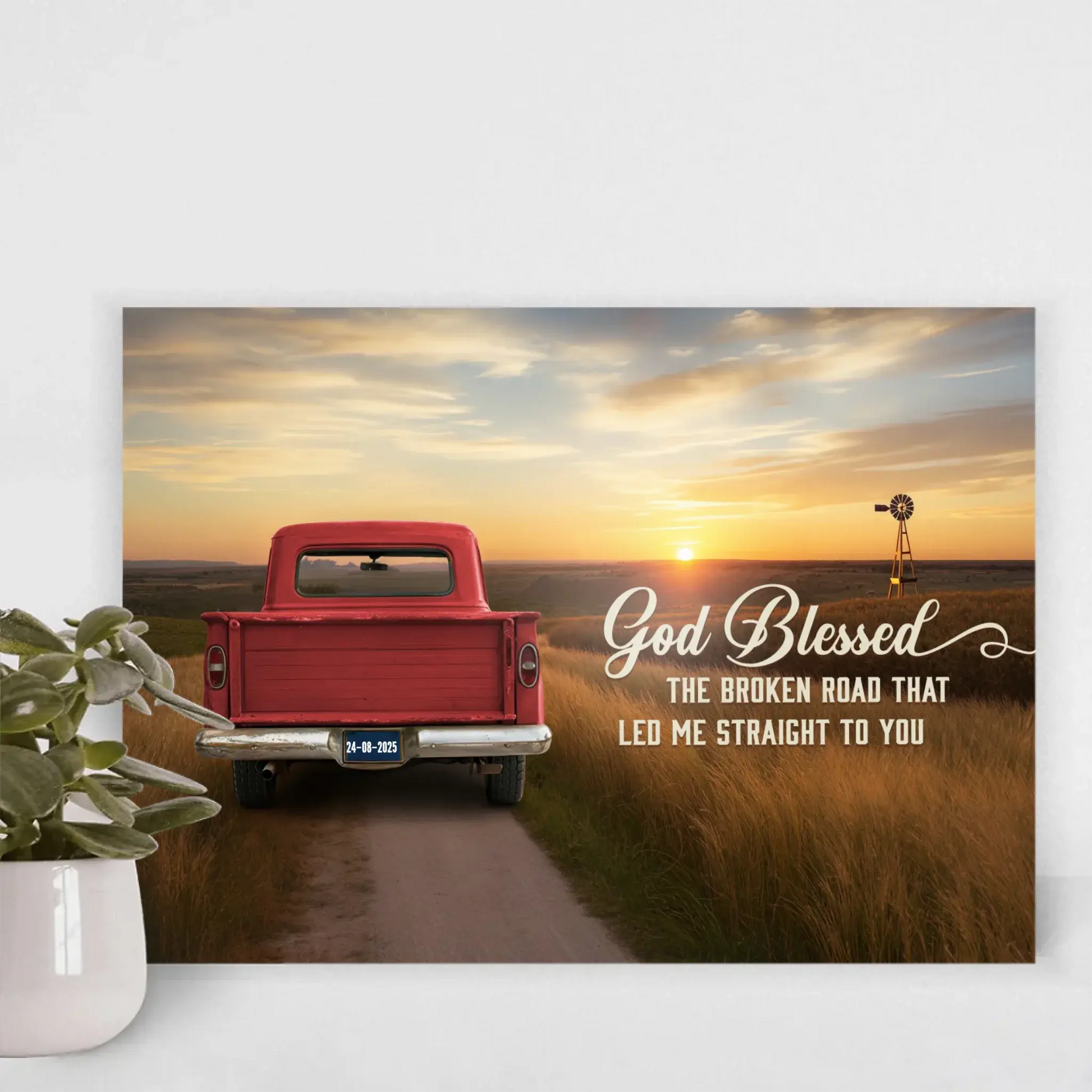 God Blessed The Broken Road Canvas, Personalized Vintage Truck with Couple Names, Wedding Anniversary Gift, Valentine Gift For Wife, Husband  Ezcustomize