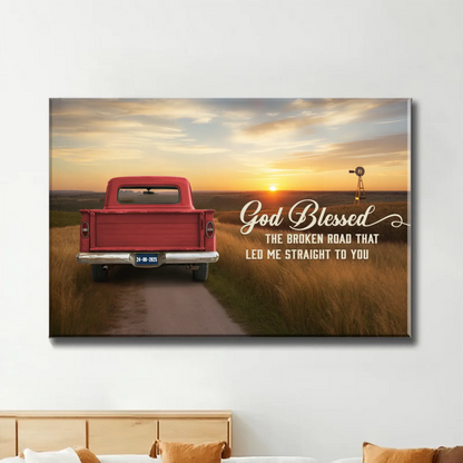 God Blessed The Broken Road Canvas, Personalized Vintage Truck with Couple Names, Wedding Anniversary Gift, Valentine Gift For Wife, Husband  Ezcustomize