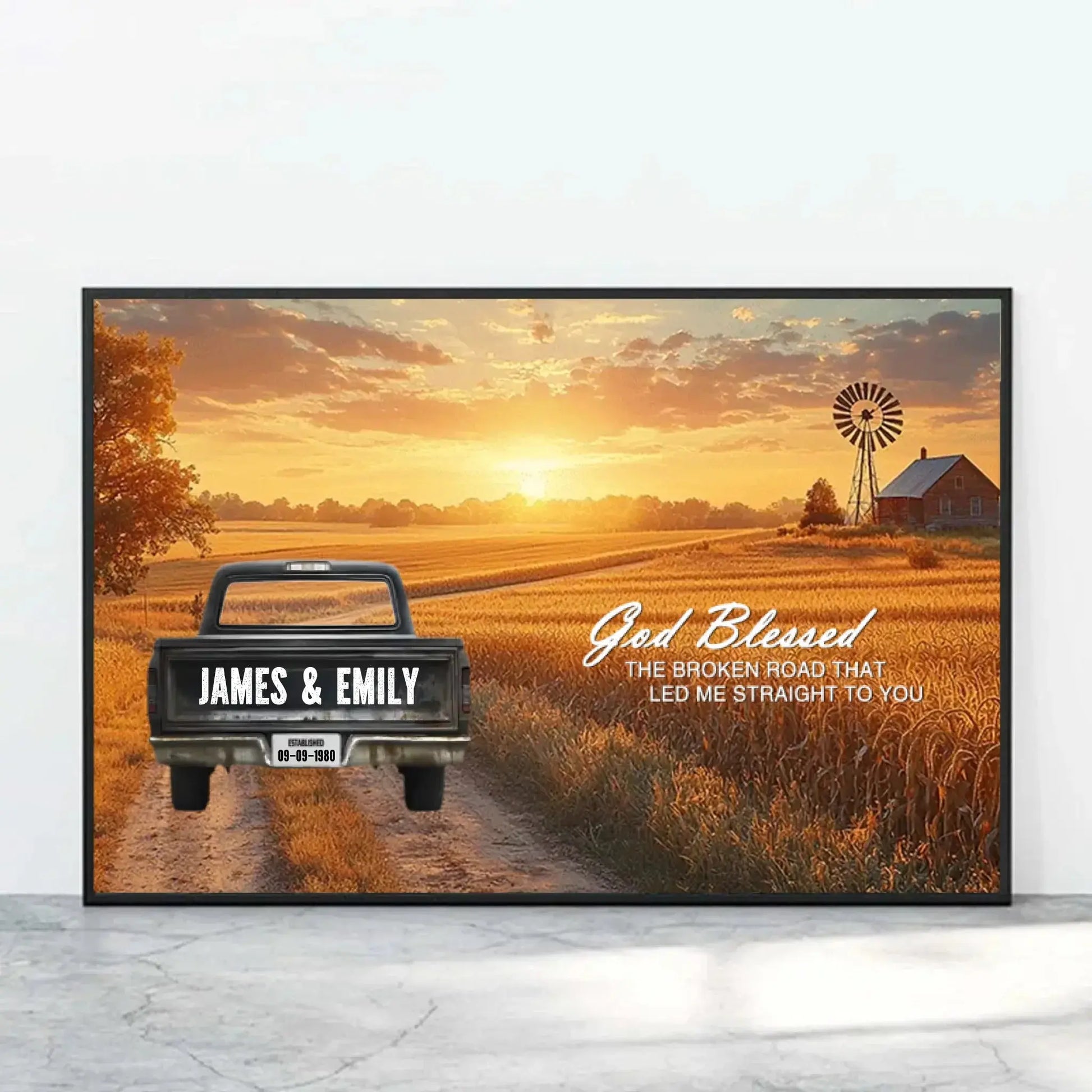 God Blessed The Broken Road Personalized Truck Canvas – Custom Couple Name Wall Art, Romantic Country Sunset Print Gift for Anniversary, Wedding, Valentine’s Day  Ezcustomize