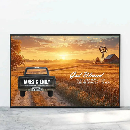 God Blessed The Broken Road Personalized Truck Canvas – Custom Couple Name Wall Art, Romantic Country Sunset Print Gift for Anniversary, Wedding, Valentine’s Day  Ezcustomize