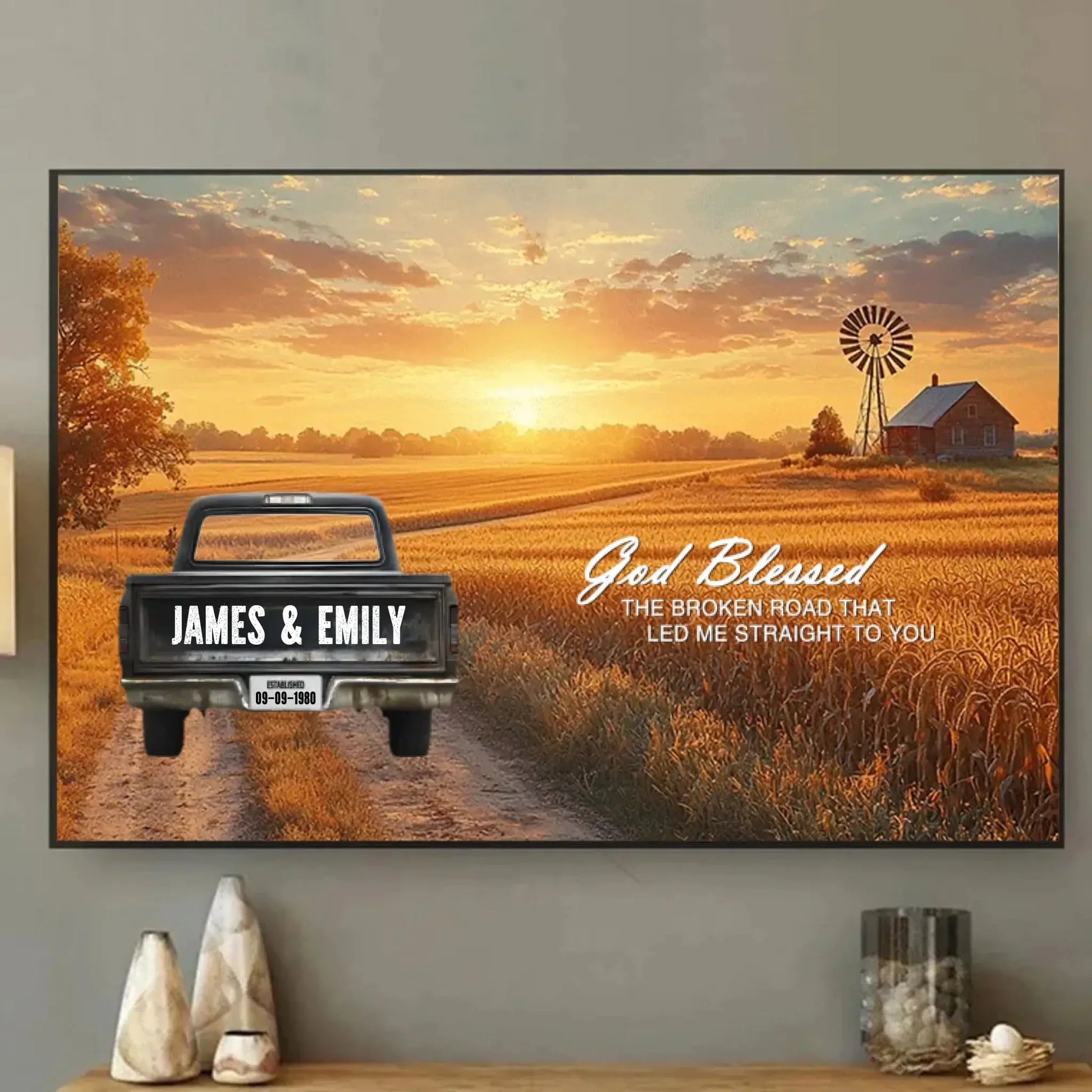 God Blessed The Broken Road Personalized Truck Canvas – Custom Couple Name Wall Art, Romantic Country Sunset Print Gift for Anniversary, Wedding, Valentine’s Day  Ezcustomize