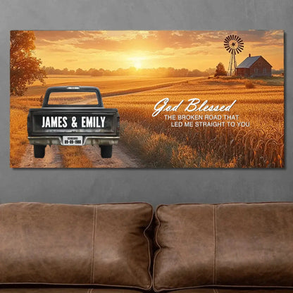 God Blessed The Broken Road Personalized Truck Canvas – Custom Couple Name Wall Art, Romantic Country Sunset Print Gift for Anniversary, Wedding, Valentine’s Day  Ezcustomize