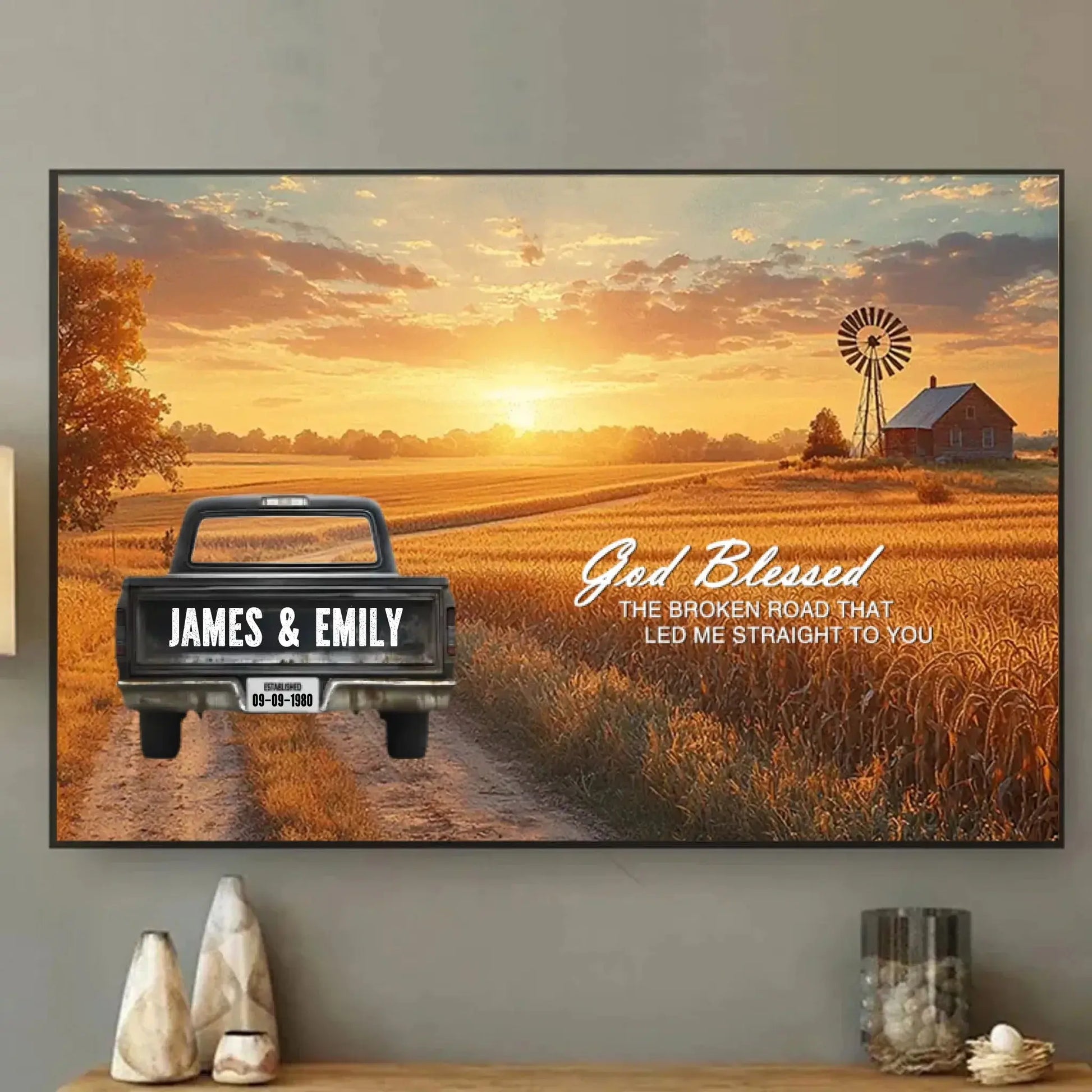 God Blessed The Broken Road Personalized Truck Canvas – Custom Couple Name Wall Art, Romantic Country Sunset Print Gift for Anniversary, Wedding, Valentine’s Day  Ezcustomize