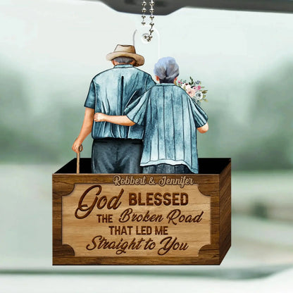 God Blessed the Broken Road Old Couple Car Hanger – Personalized Acrylic Ornament with Custom Names – Romantic Gift for Husband and Wife  Ezcustomize