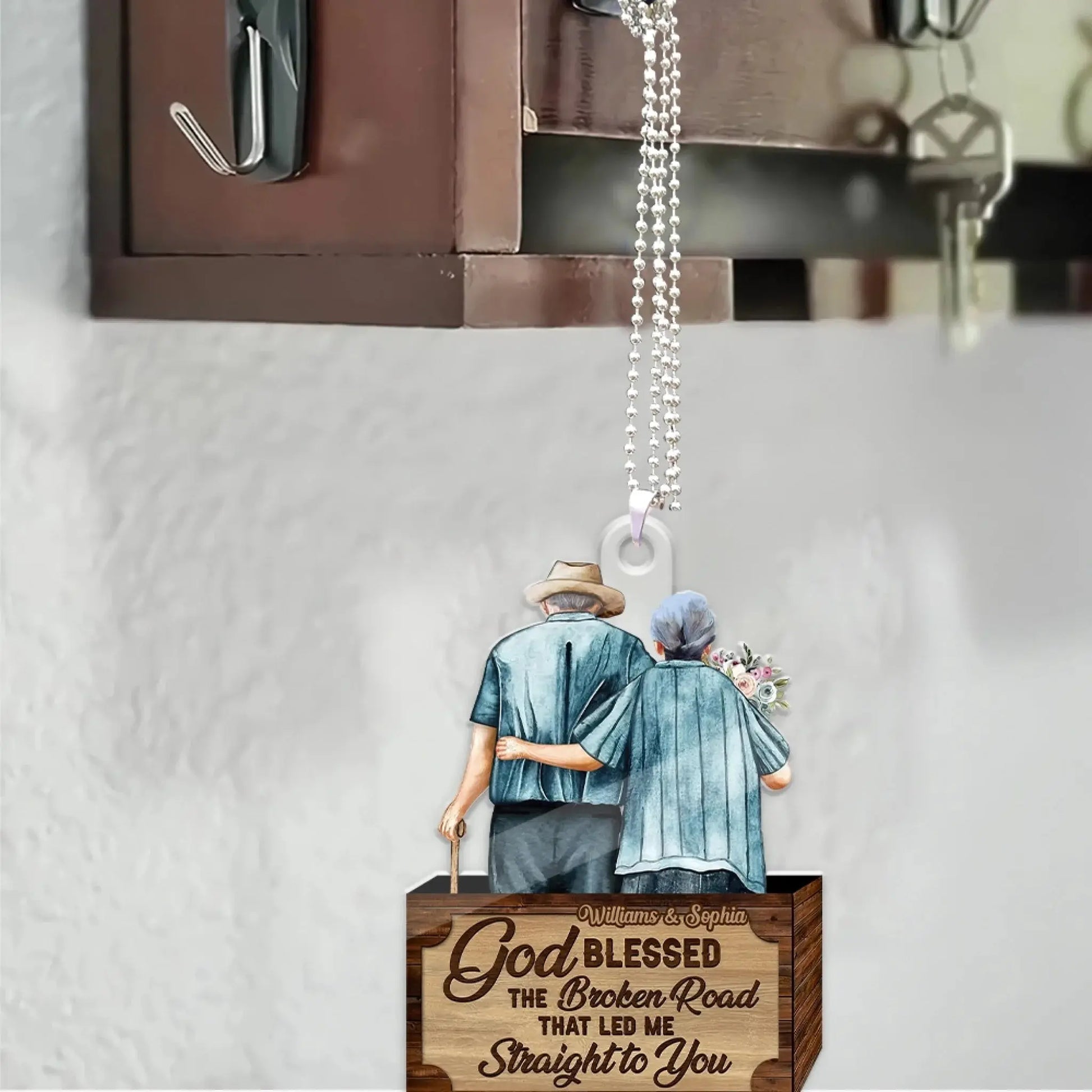 God Blessed the Broken Road Old Couple Car Hanger – Personalized Acrylic Ornament with Custom Names – Romantic Gift for Husband and Wife  Ezcustomize