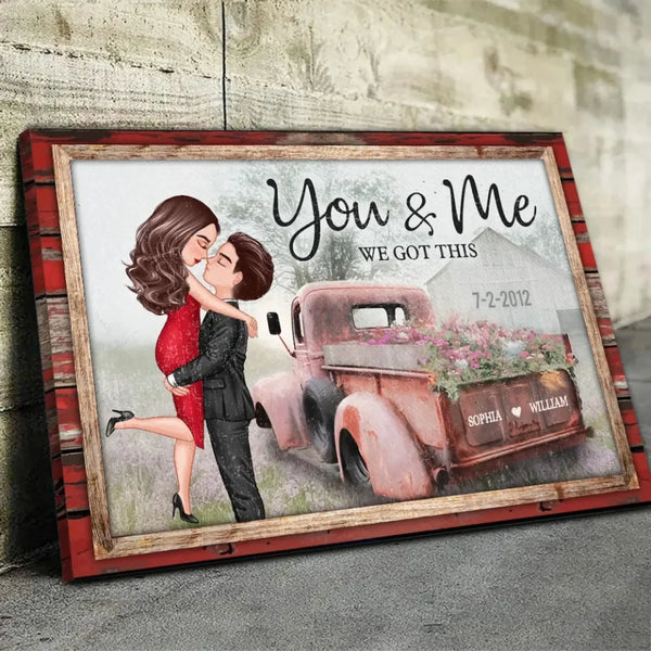 God Knew My Heart Needed You – Personalized Hugging Couple Red Truck Canvas, Romantic Farmhouse Wall Art Gift for Him or Her