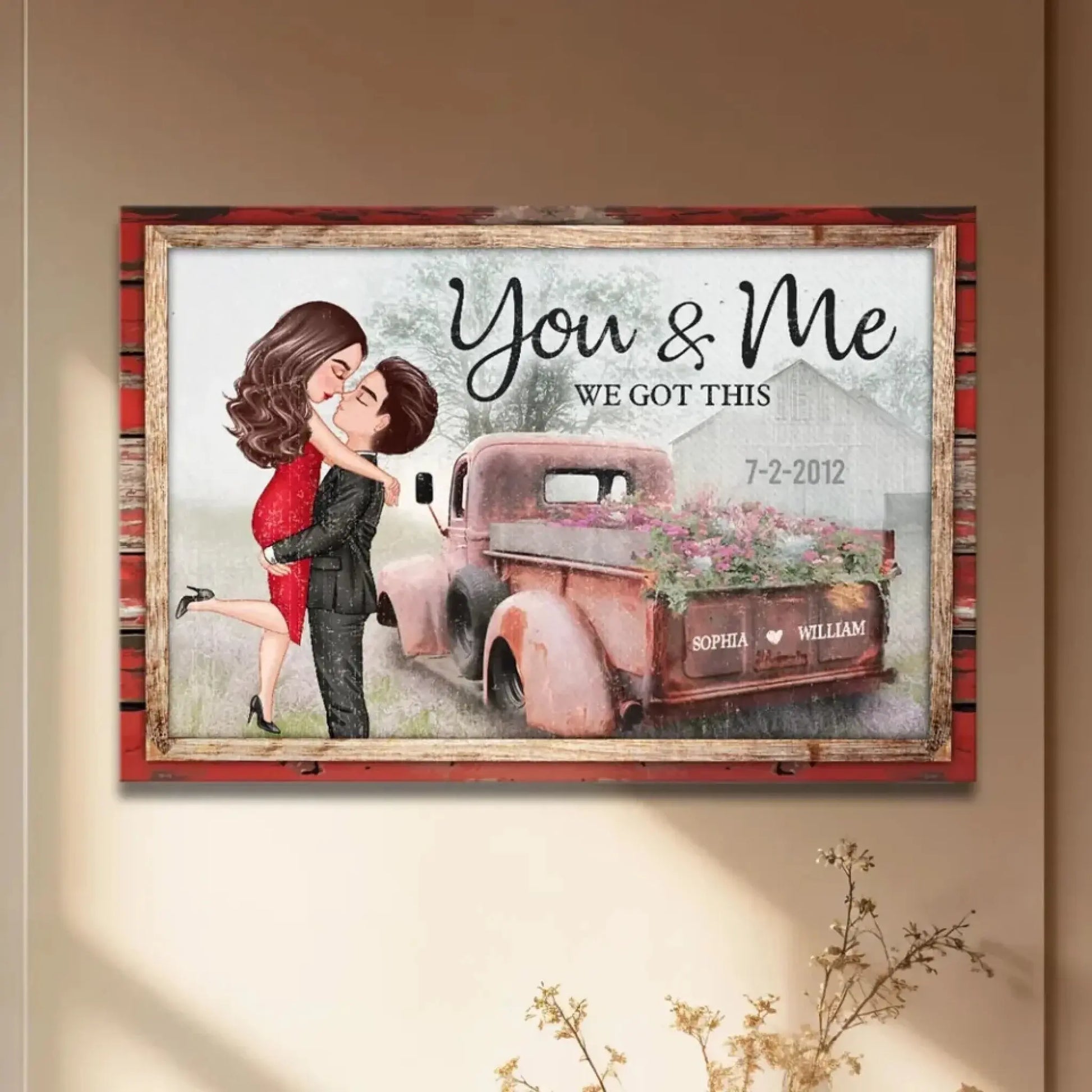 God Knew My Heart Needed You – Personalized Hugging Couple Red Truck Canvas, Romantic Farmhouse Wall Art Gift for Him or Her  Ezcustomize