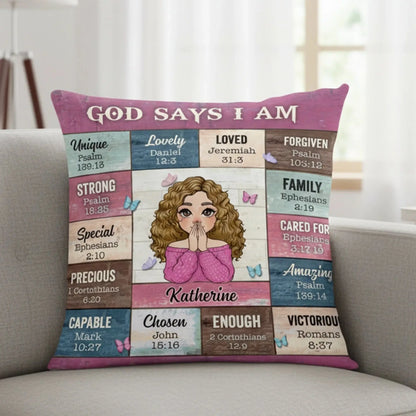 God Says I Am Affirmation – Personalized Christian Throw Pillow Cushion – Meaningful Birthday, Christmas & Faith Encouragement Gift for Her  Ezcustomize