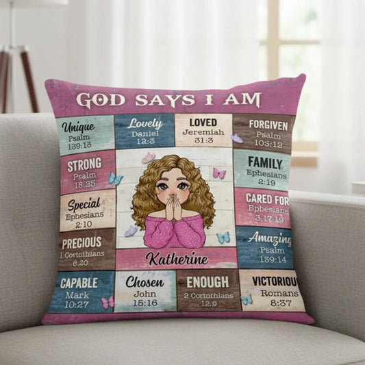 God Says I Am Affirmation – Personalized Christian Throw Pillow Cushion – Meaningful Birthday, Christmas & Faith Encouragement Gift for Her  Ezcustomize