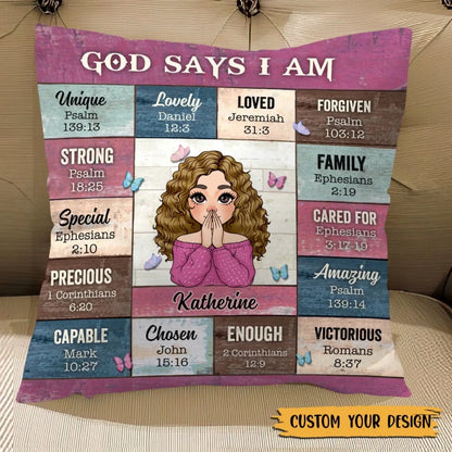 God Says I Am Affirmation – Personalized Christian Throw Pillow Cushion – Meaningful Birthday, Christmas & Faith Encouragement Gift for Her  Ezcustomize