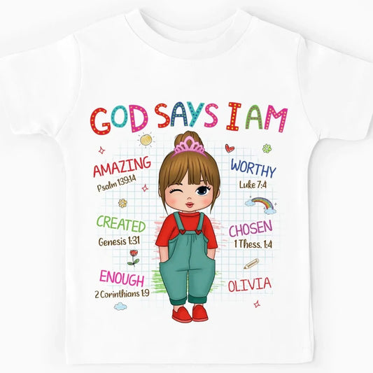 God Says I Am Kid – Personalized Christian Kids Tee – Gift for Kids/Granddaughter/Grandson  Ezcustomize