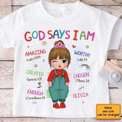 God Says I Am Kid – Personalized Christian Kids Tee – Gift for Kids/Granddaughter/Grandson  Ezcustomize