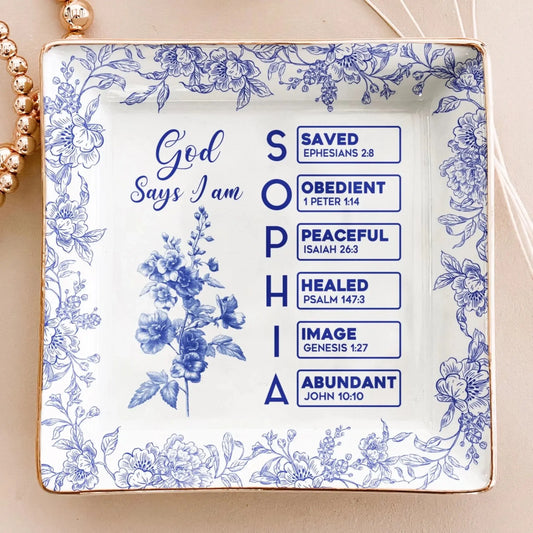 God Says I Am Name Letter Bible Toile De Jouy Style – Personalized Jewelry Dish Trinket Tray – Faith Based Christian Gift for Her  Ezcustomize