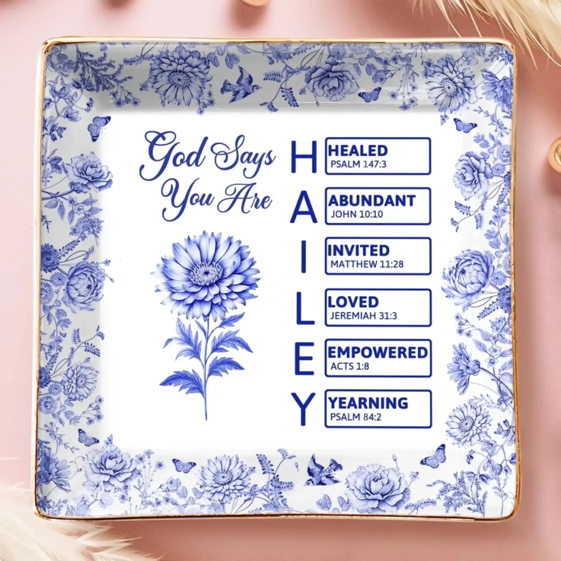 God Says I Am Name Letter Bible Toile De Jouy Style – Personalized Jewelry Dish Trinket Tray – Faith Based Christian Gift for Her  Ezcustomize