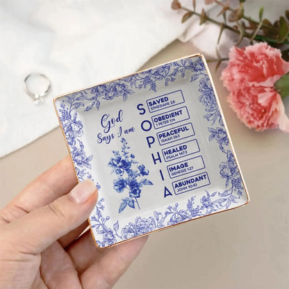 God Says I Am Name Letter Bible Toile De Jouy Style – Personalized Jewelry Dish Trinket Tray – Faith Based Christian Gift for Her  Ezcustomize