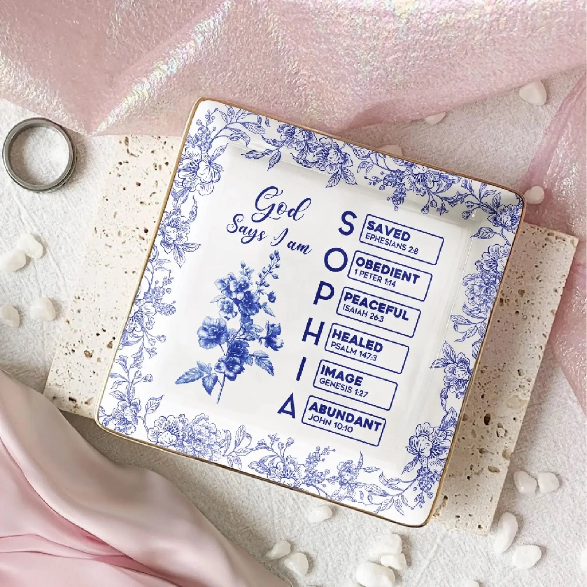 God Says I Am Name Letter Bible Toile De Jouy Style – Personalized Jewelry Dish Trinket Tray – Faith Based Christian Gift for Her  Ezcustomize