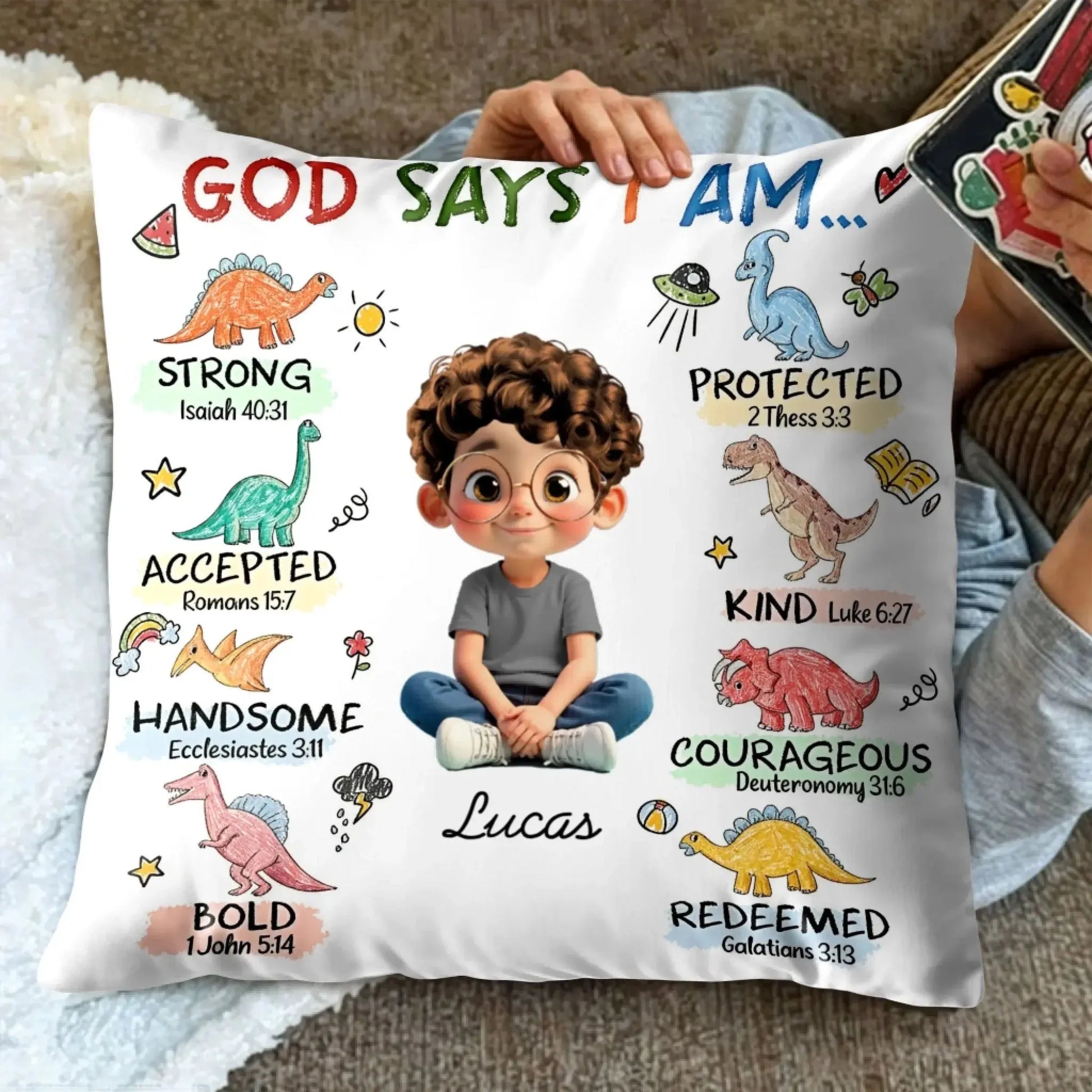 God Says I Am Strong Protected Kind – Personalized Custom Faith Pillow Cushion – Meaningful Christian Birthday for Religious Families and Kids  Ezcustomize
