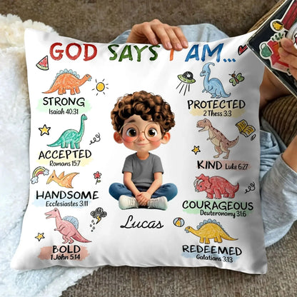 God Says I Am Strong Protected Kind – Personalized Custom Faith Pillow Cushion – Meaningful Christian Birthday for Religious Families and Kids  Ezcustomize