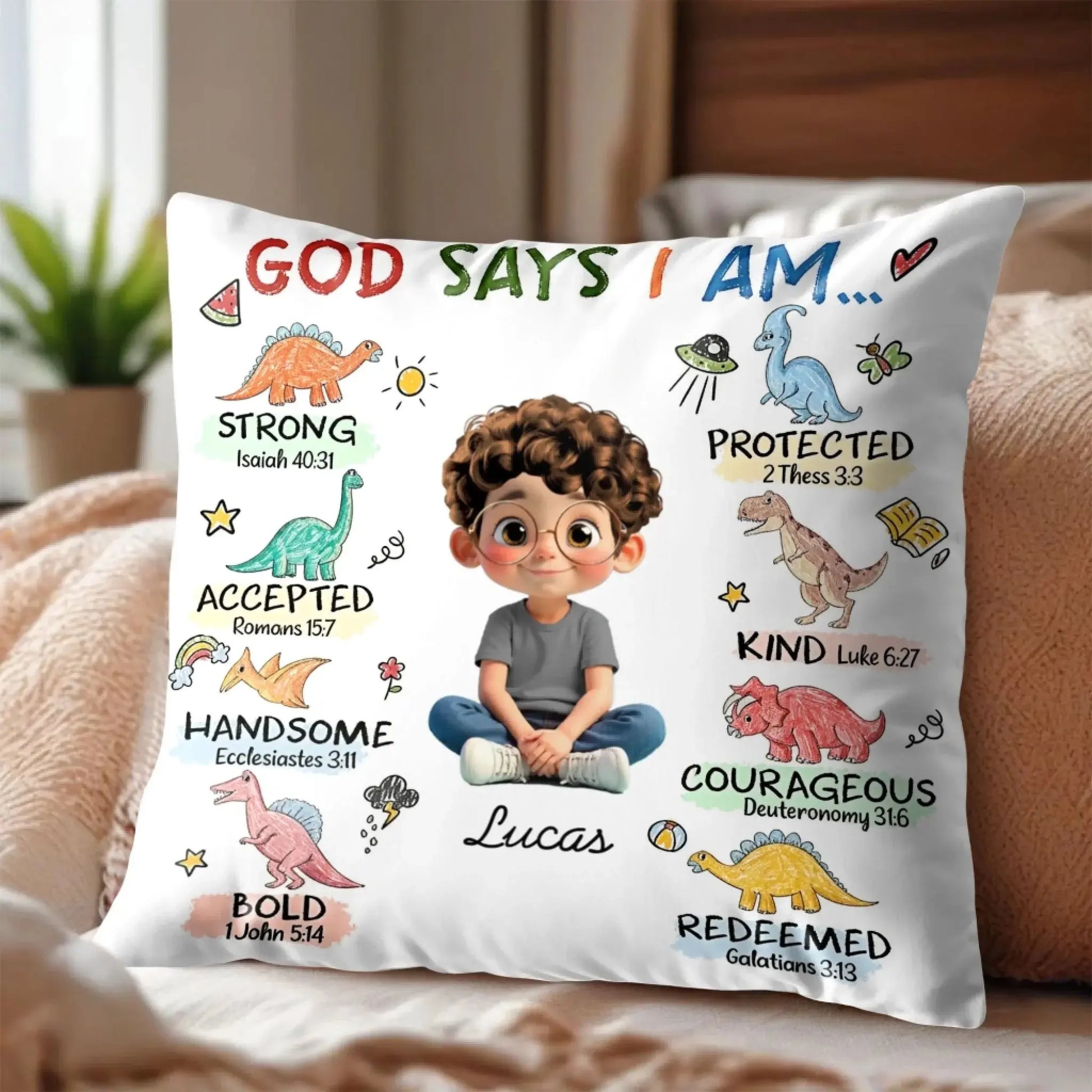 God Says I Am Strong Protected Kind – Personalized Custom Faith Pillow Cushion – Meaningful Christian Birthday for Religious Families and Kids  Ezcustomize