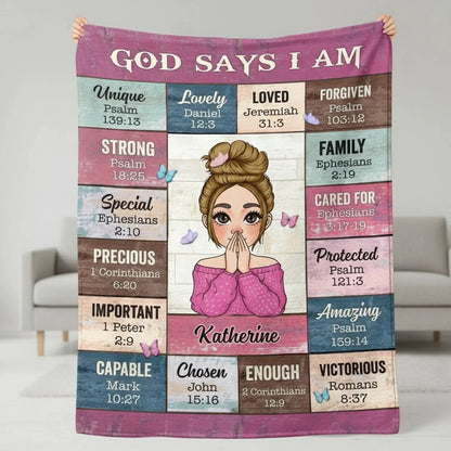 God Says I Am – Personalized Christian Blanket Throw – Faith Based Birthday, Christmas & Encouragement Gift for Girls and Women  Ezcustomize