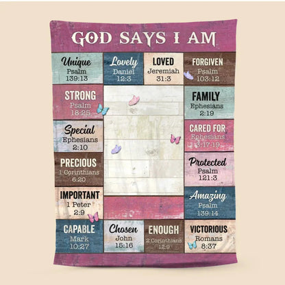 God Says I Am – Personalized Christian Blanket Throw – Faith Based Birthday, Christmas & Encouragement Gift for Girls and Women  Ezcustomize
