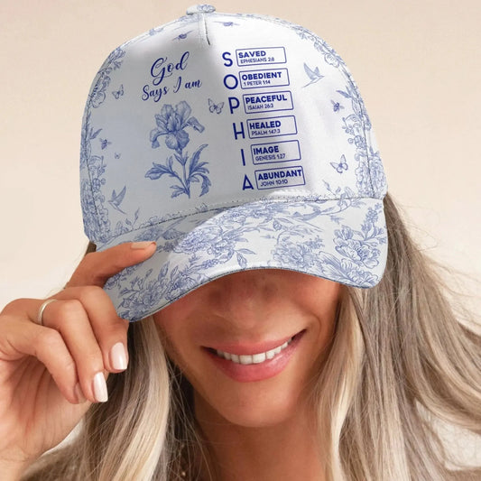 God Says I Am – Personalized Classic Cap with Name in Bible Verse Toile De Jouy Style – Christian Faith Gift for Men, Women & Loved Ones  Ezcustomize