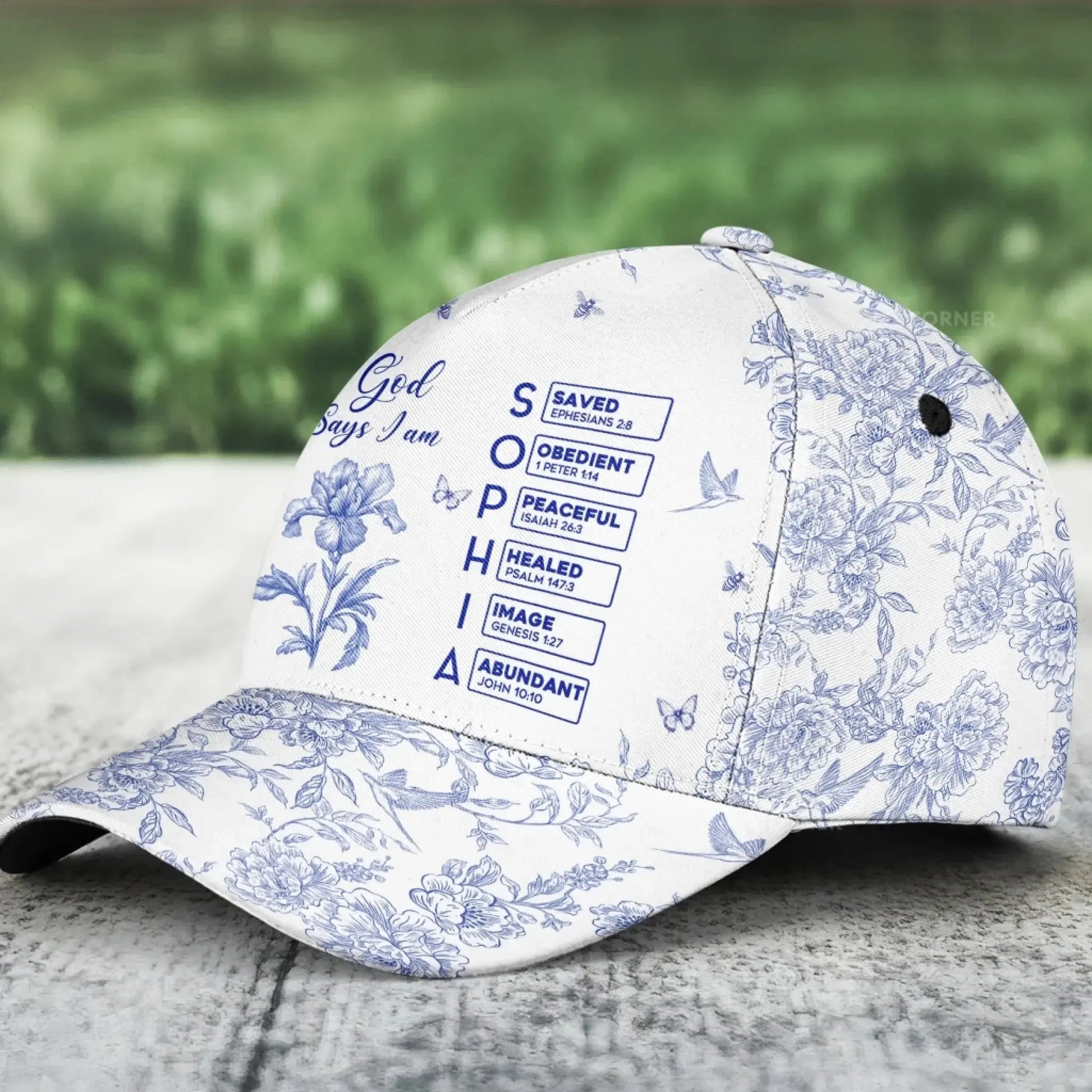 God Says I Am – Personalized Classic Cap with Name in Bible Verse Toile De Jouy Style – Christian Faith Gift for Men, Women & Loved Ones  Ezcustomize