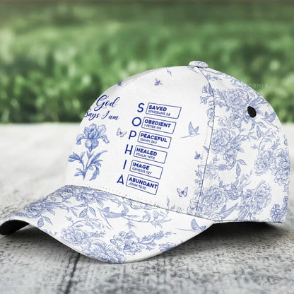 God Says I Am – Personalized Classic Cap with Name in Bible Verse Toile De Jouy Style – Christian Faith Gift for Men, Women & Loved Ones  Ezcustomize
