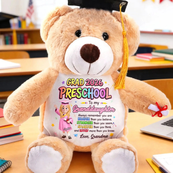 Grad 2026 Preschool Kindergarten Braver Stronger Smarter - Personalized Graduation Teddy Bear - Gift for Granddaughter, Grandson, Daughter, Kids
